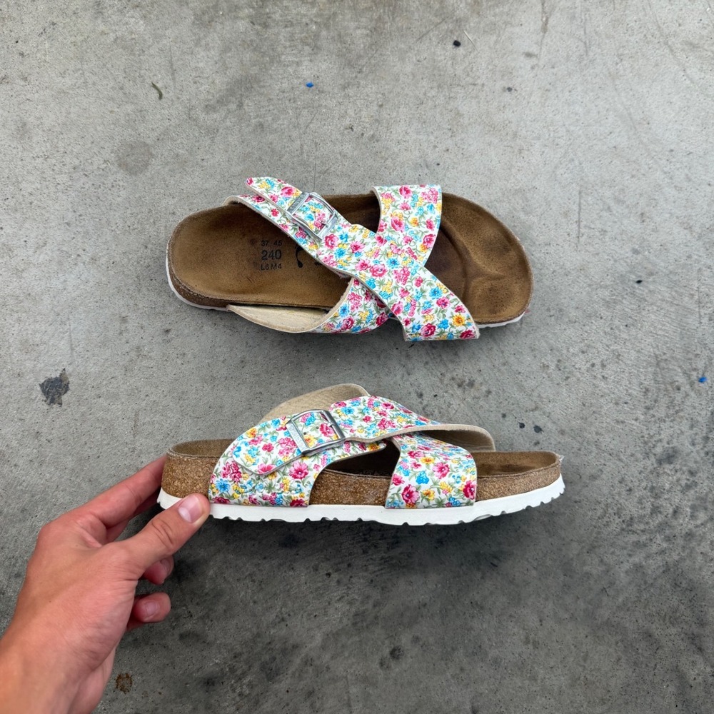 Birkis Birkenstock Floral Cross Strap Sandals White Multi Color Size 37 L6 M4